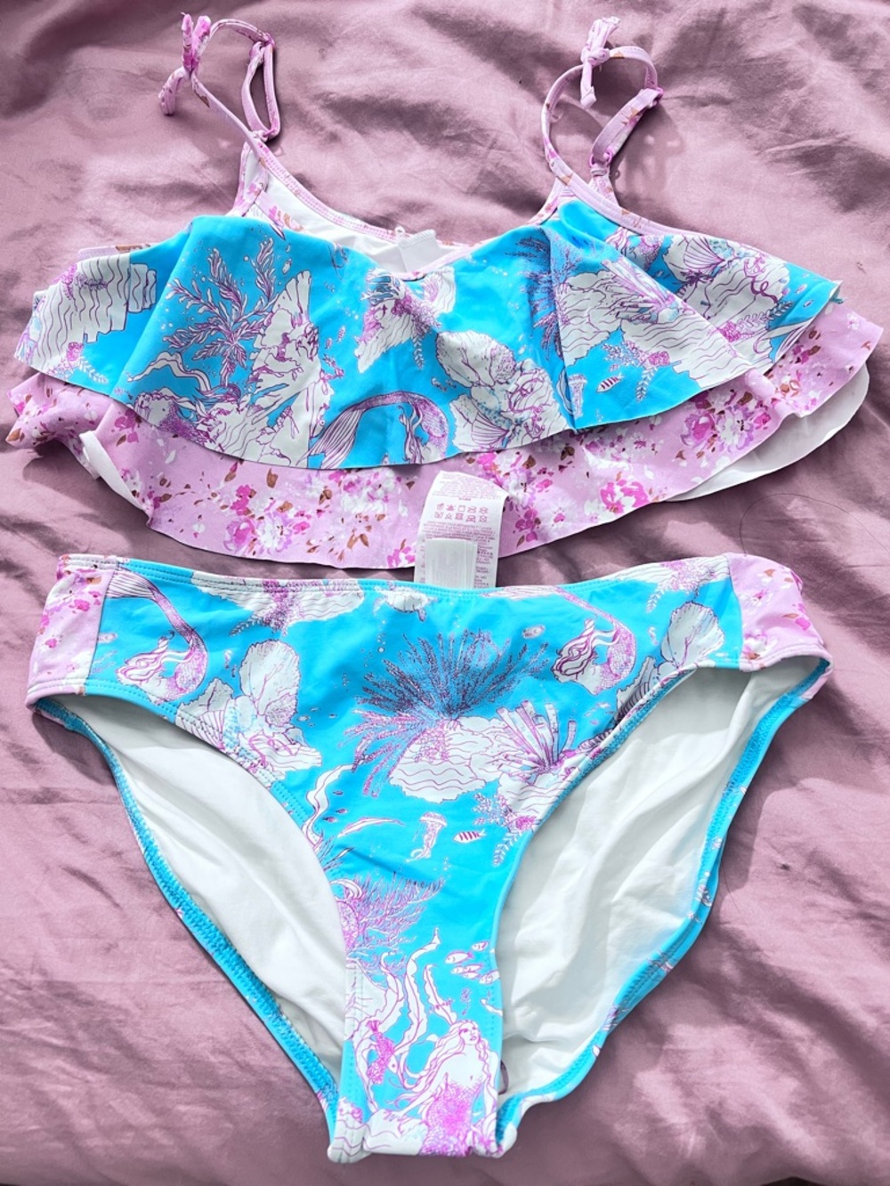 NWOT girls Two-Piece Blue & Pink Floral Ruffle Swim Set